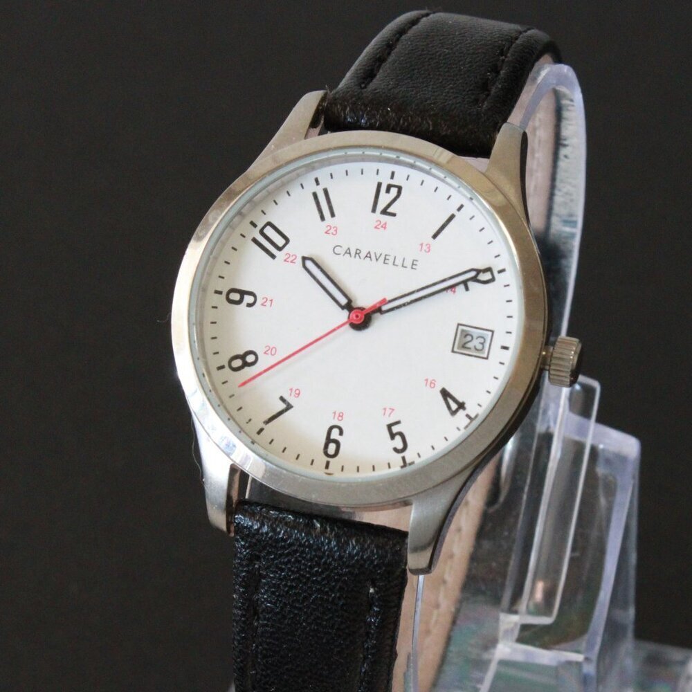 Caravelle Ladies Easy Reader By Bulova Black On White Dial Black Leather 30mm